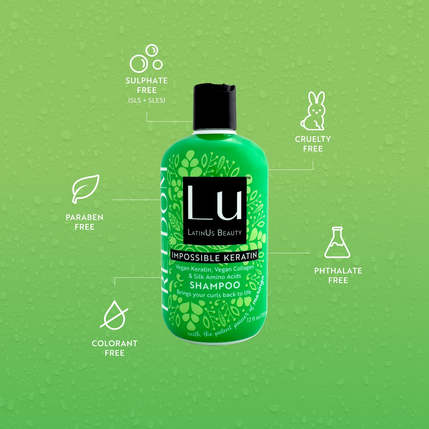Champú Freedom de 12 oz, con Aceite de Semilla de Moringa e IMPOSSIBLE KERATIN ™